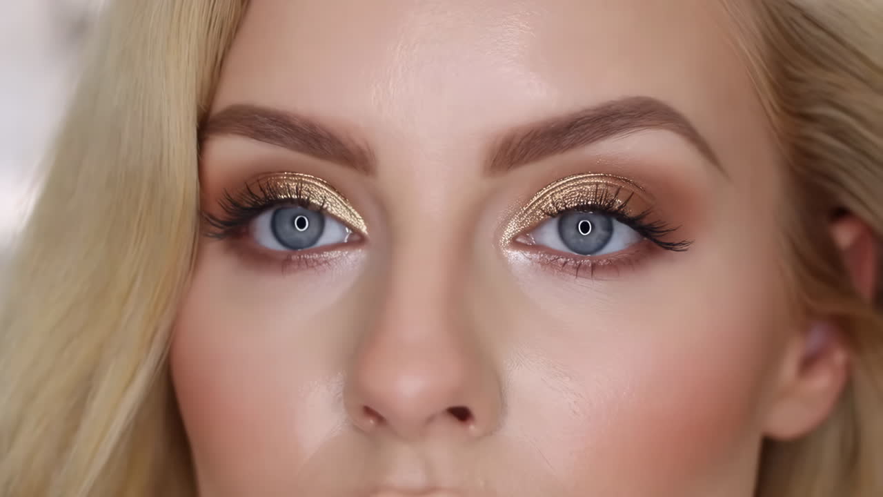 Close-up of Woman's Eyes with Golden Eyeshadow Blinking