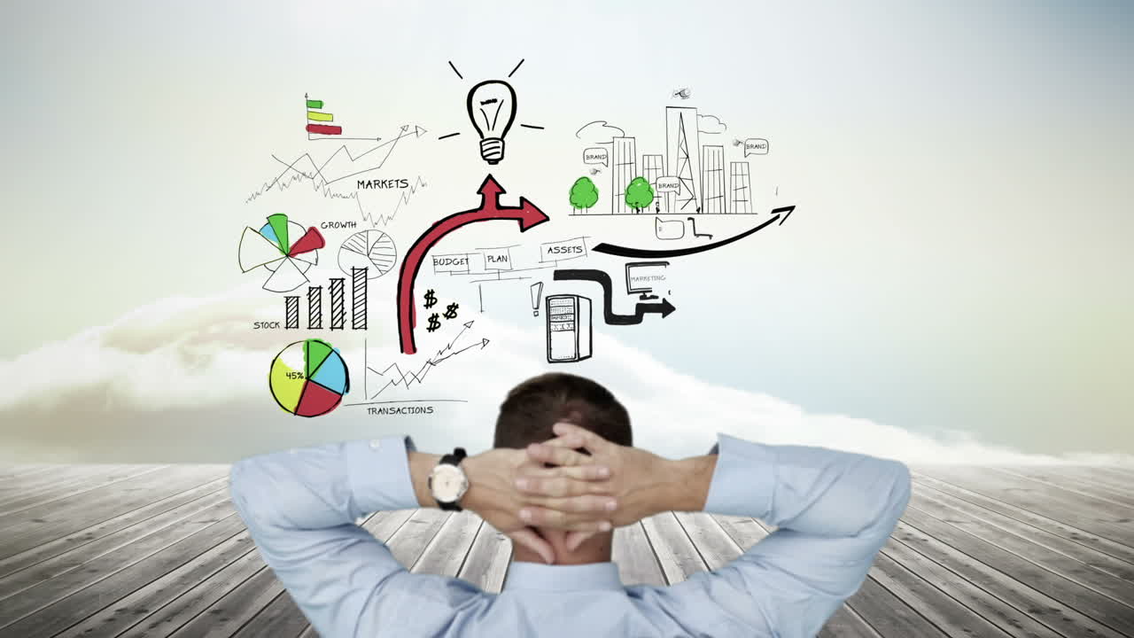 hombre de negocios viendo la tormenta de ideas de negocios aparecen