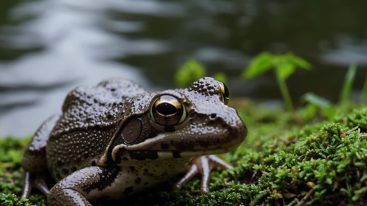 Frog resting on moss by a stream