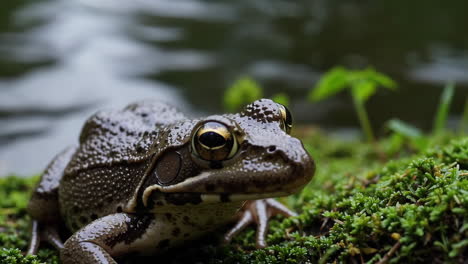 frog resting on moss by a stream
