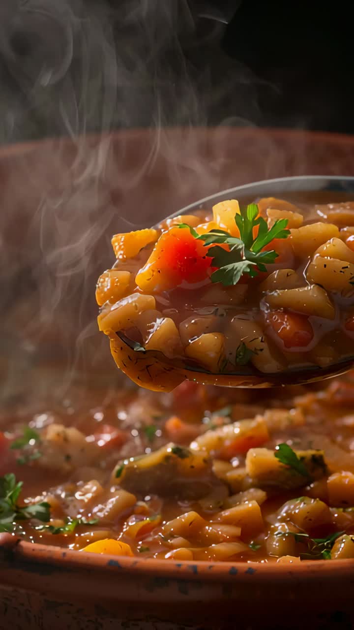 Vídeo vertical: Levantando colher da panela sobre o fogo, mostrando ensopado fumegante de batata, cenoura, tomate e salsa.