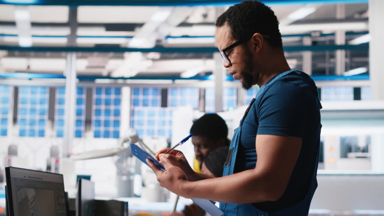 Vertical Video Black engineer in photovoltaics factory reviews performance of solar panels