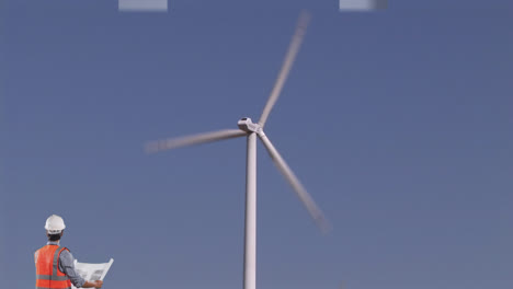 animation of wind turbine turning and an engineer reading plans and white arrows pointing up