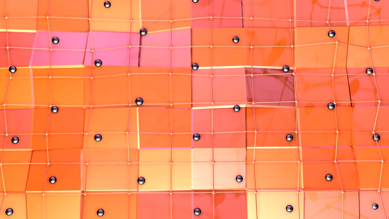 baja superficie polimétrica 3d con cuadrícula o malla voladora y esferas negras como cuadrícula de cristal. fondo polimétrico bajo de poligonos rojos naranja puros. fondo de bucle sin costuras 4k fullhd