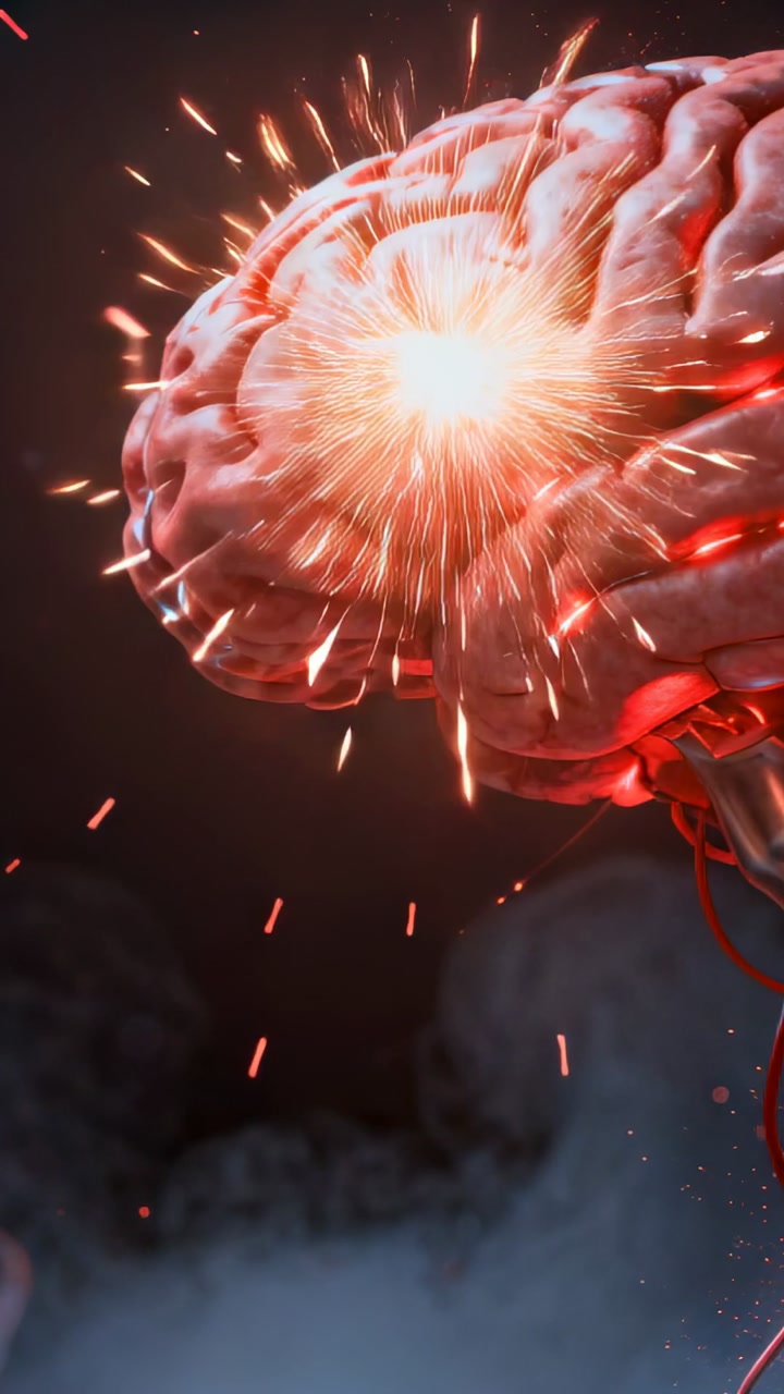 3D brain in right frame, spark igniting cortex, emitting sparks, embers, visualizing neuroscience
