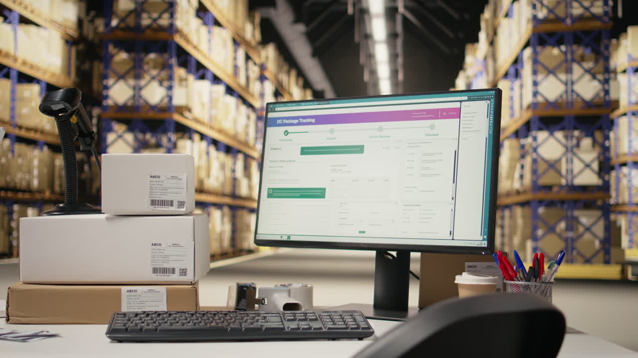 Empty distribution hub with big industrial storage racks filled with packages