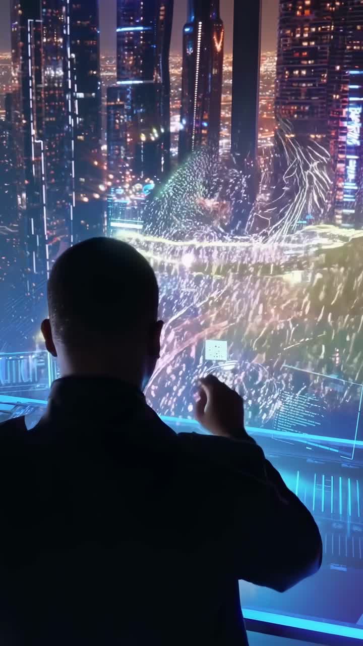 Futuristic cityscape video with a high-angle view of a person interacting with virtual screens