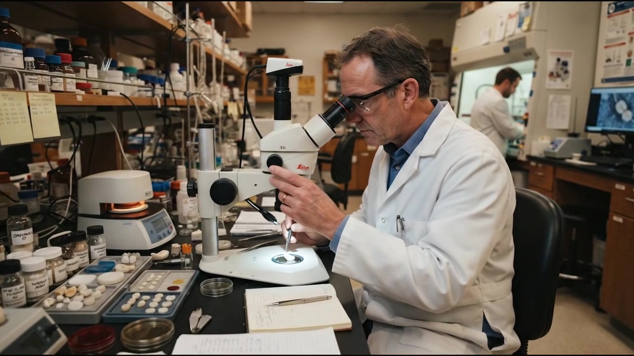 Specialista di laboratorio che monitora apparecchiature mediche automatizzate e schermi digitali