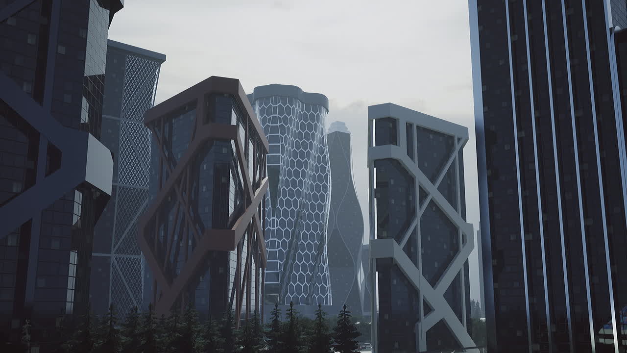 Modern architectural skyline with unique building designs in a city
