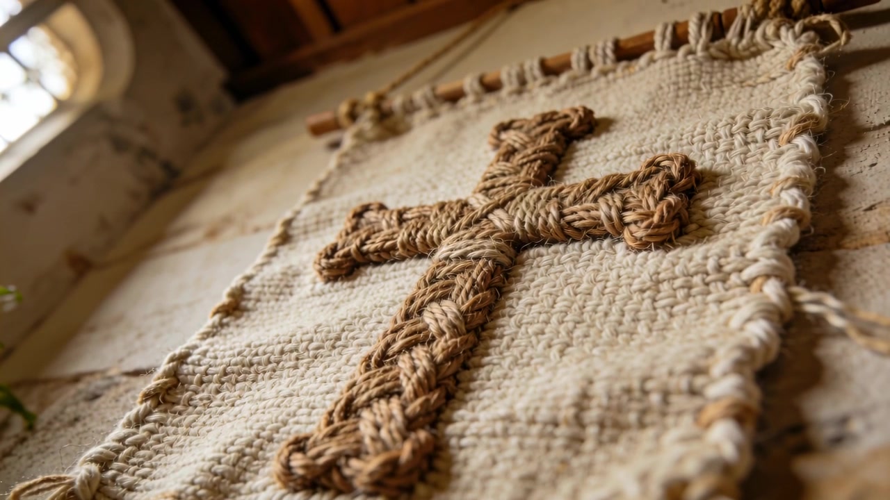 Cámara paneando revelando un panel textil tejido de color beige en una barra de madera en una capilla, mostrando una cruz trenzada.