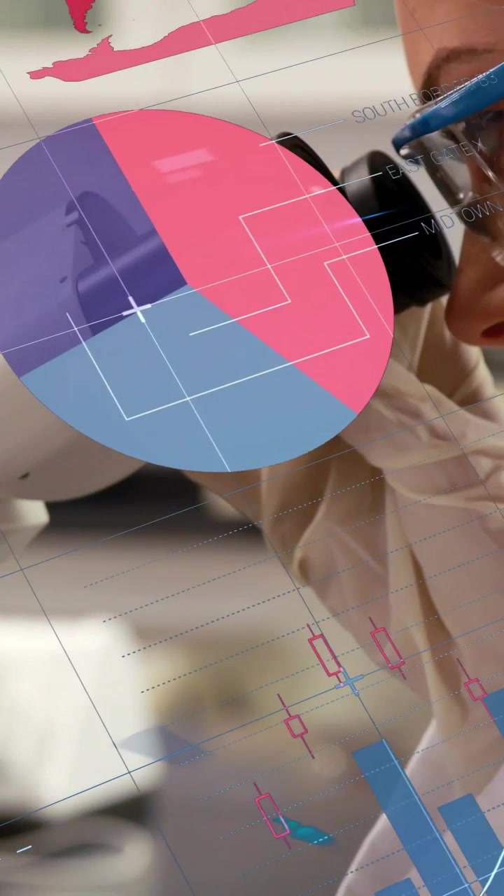 Vertikal video: Laboratorietekniker justerer okular, handskeklædt hånd starter diagrammer med cirkeldiagram til analyse.