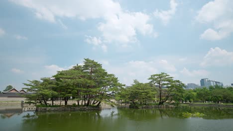 green water lake around gyeonghoeru pavilion at gyeongbokgung palace with copy space