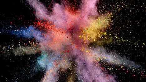 super slow motion of colored powder explosion isolated on dark background.