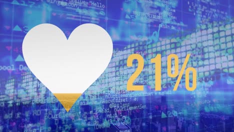 Animation-of-heart-icon-with-increasing-percentage-against-stock-market-data-processing