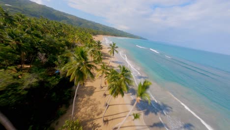 Vuelo-Fpv-A-Lo-Largo-De-La-Playa-De-Arena-Vacía-Tropical-Y-Palmeras-De-Coson-Durante-El-Día-Soleado-En-La-Isla-De-República-Dominicana