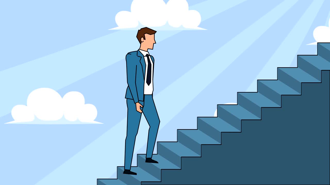 personaje de dibujos animados hombre de negocios plana sube la escalera de la carrera escaleras de animación