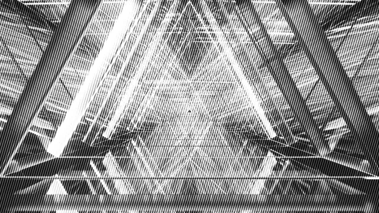 추상적인 모노크롬 애니메이션 배경: 삼각형 구조를 통해 창의적인 흑백 빛 디자인 텍스처, 삼각형 배경에서 움직이는 루프 뷰를 보여주기 위해.