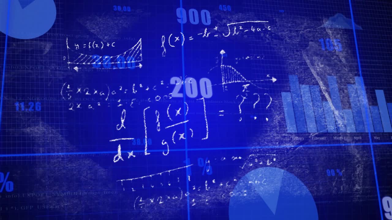 Grid onset, math formulas sketching while charts sliding, numbers updating to visualize data trends