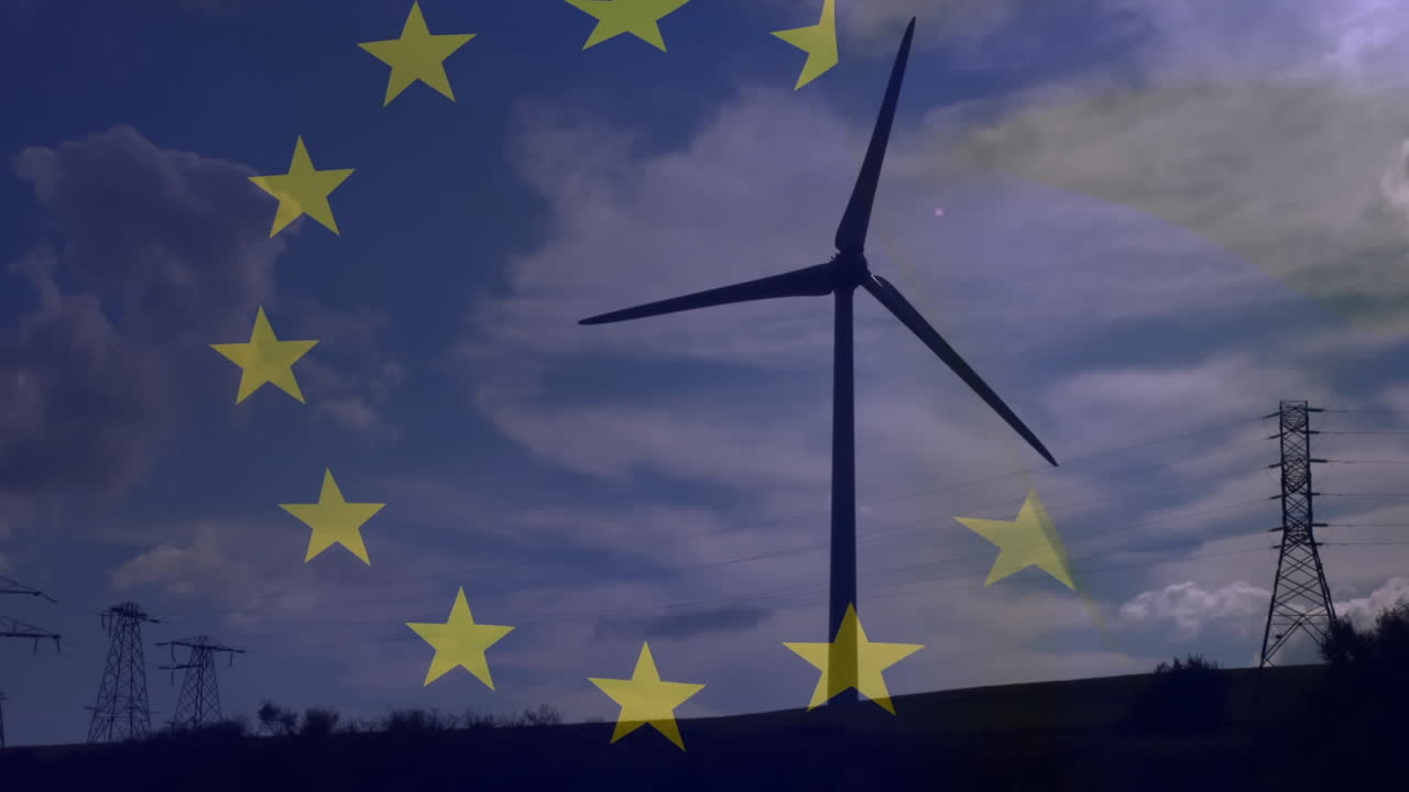 유럽 연합  ⁇ 발이 회전하는 풍력 터빈과 전력 기둥 위에 있는 애니메이션