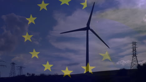 animation of european union flag over rotating wind turbine and electricity pylons in field at dusk