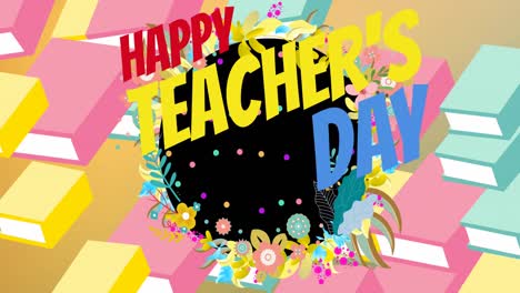 Animation-of-happy-teachers-day-text-over-school-items-icons-and-flowers