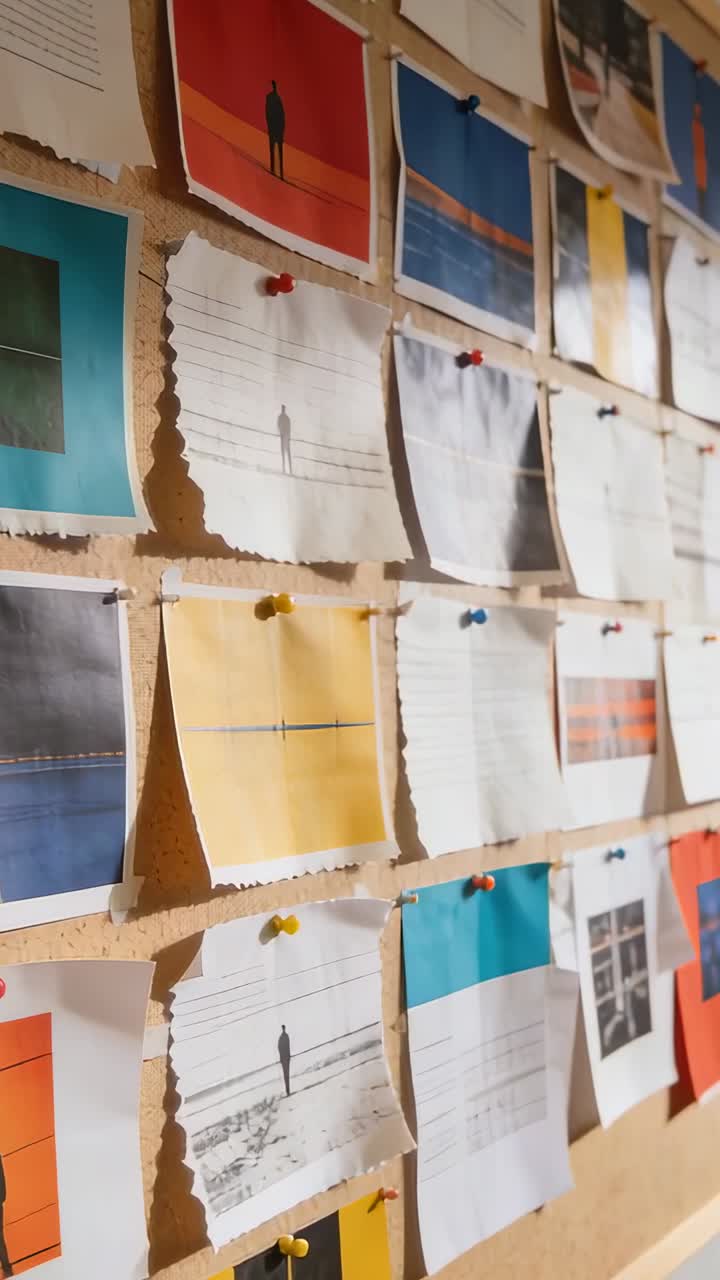 Vertical video: Panning camera revealing cork board on wall, showing pinned color prints for review