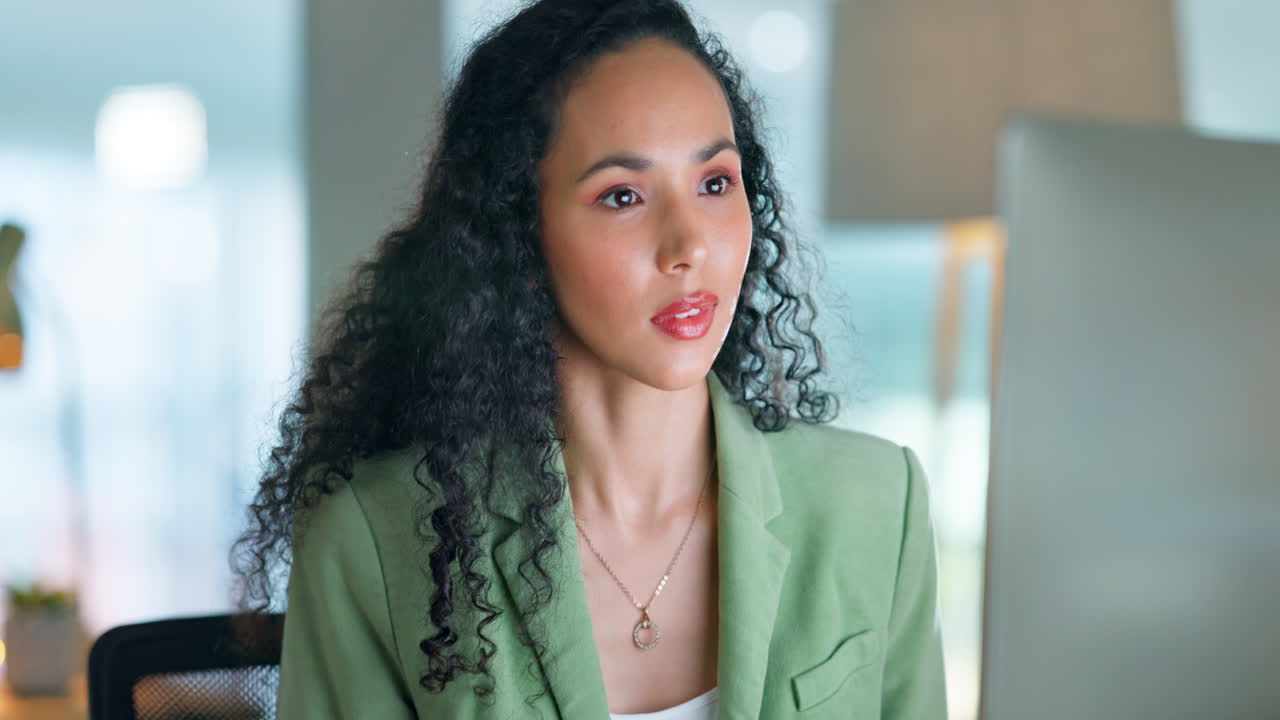 Serious, search and computer with black woman