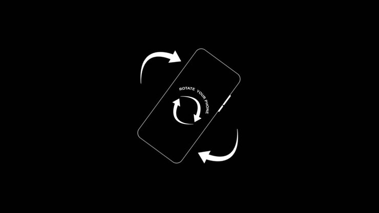 Ruota l'animazione del telefono per contenuti mobile, sfondo nero. Ruota il telefono in orizzontale
