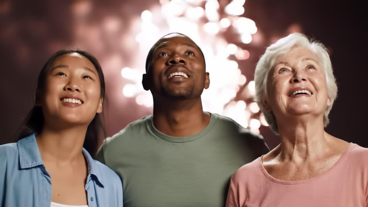A Joyful Celebration: Three Diverse Individuals Gaze in Awe at a Vibrant Fireworks Display, Capturing a Moment of Wonder and Connection under the Night Sky
