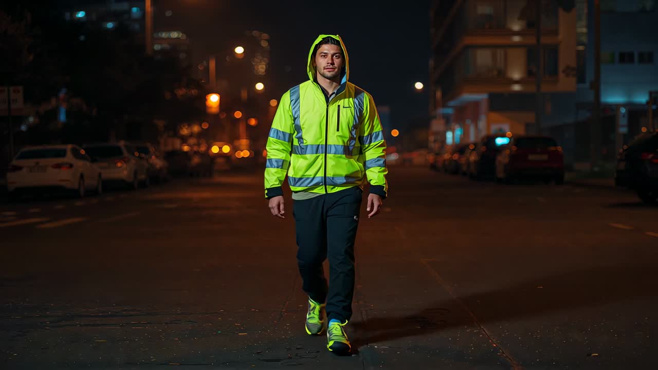 Walking man in hi-vis jacket starting distant, approaching camera on night street, strips glowing