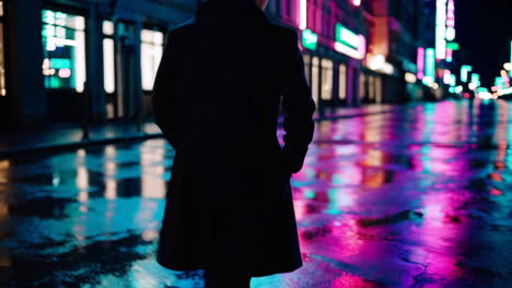 person walking through a rainy night city