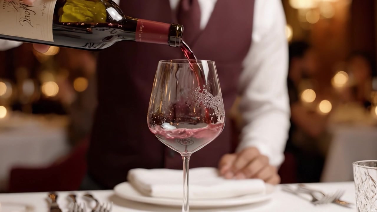 Un'elegante esperienza culinaria: un sommelier che versa con maestria vino rosso in un bicchiere di cristallo, circondato da un'atmosfera a lume di candela e raffinate apparecchiature da tavola.