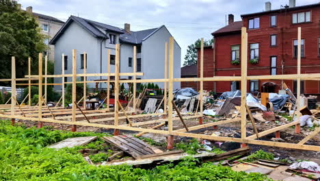 wooden structure foundation of a new house being built after a flood