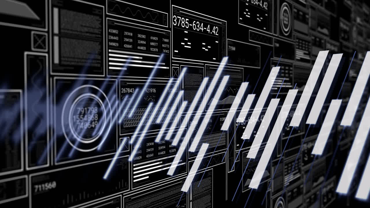 Animation of interfaces with data processing against black background