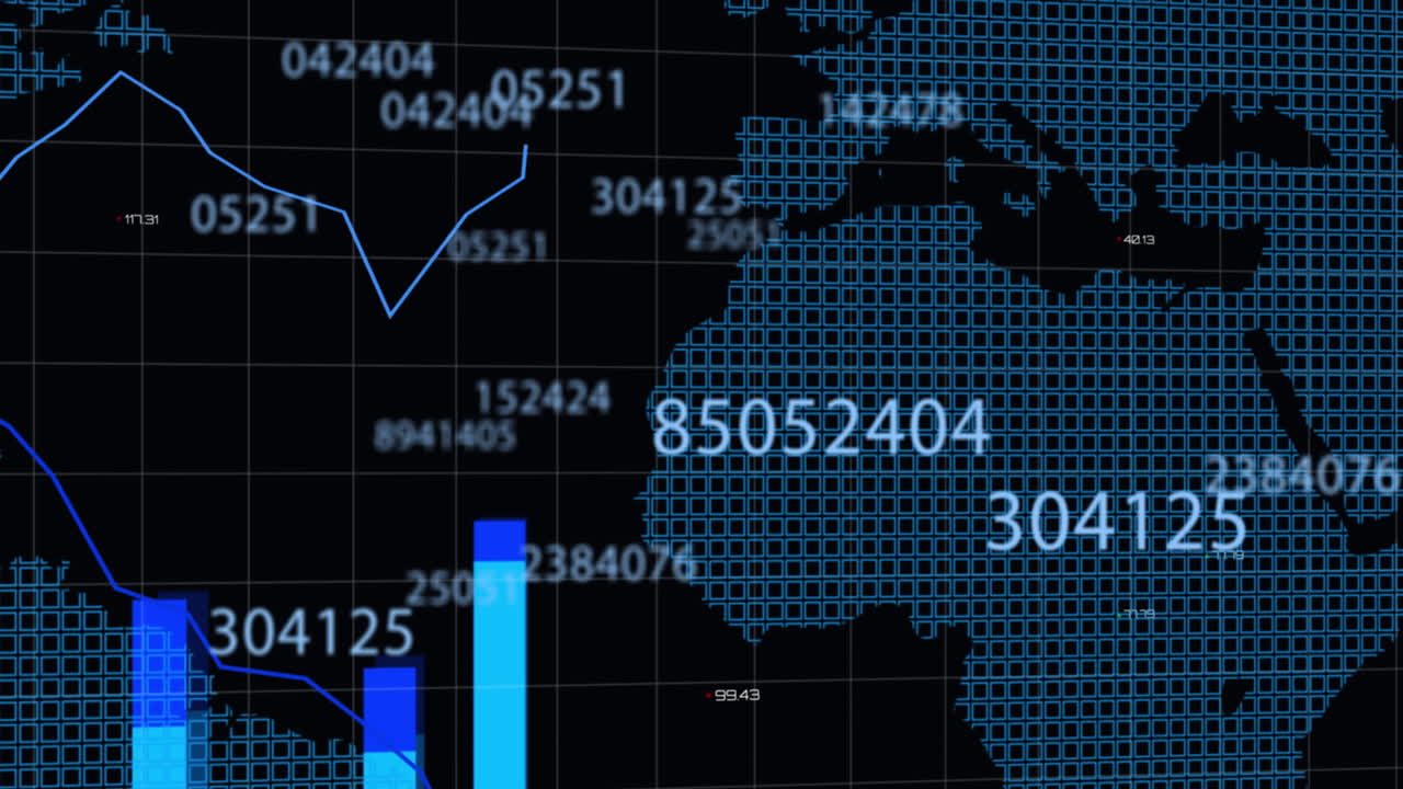 animación de números cambiantes, gráficos, mapa en patrón de cuadrícula sobre fondo negro