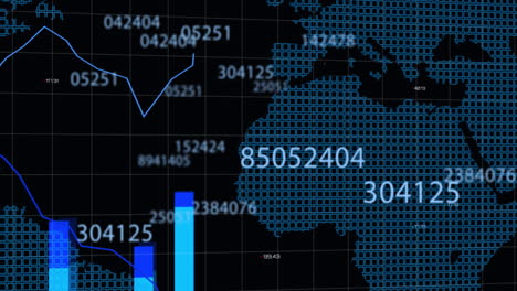 Animation-of-changing-numbers,-graphs,-map-on-grid-pattern-over-black-background