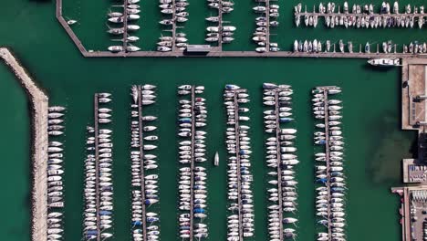 aerial top down of a harbor with many yacht boat docked in symmetric pattern background