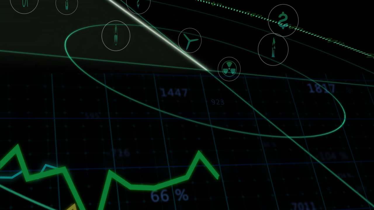 Grön graf och animering av datapunkter över mörk rutnätsbakgrund med olika ikoner.