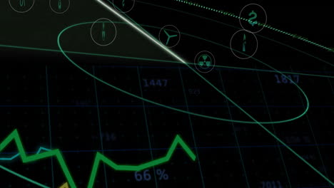 gráfico verde y animación de puntos de datos sobre fondo de cuadrícula oscura con varios iconos