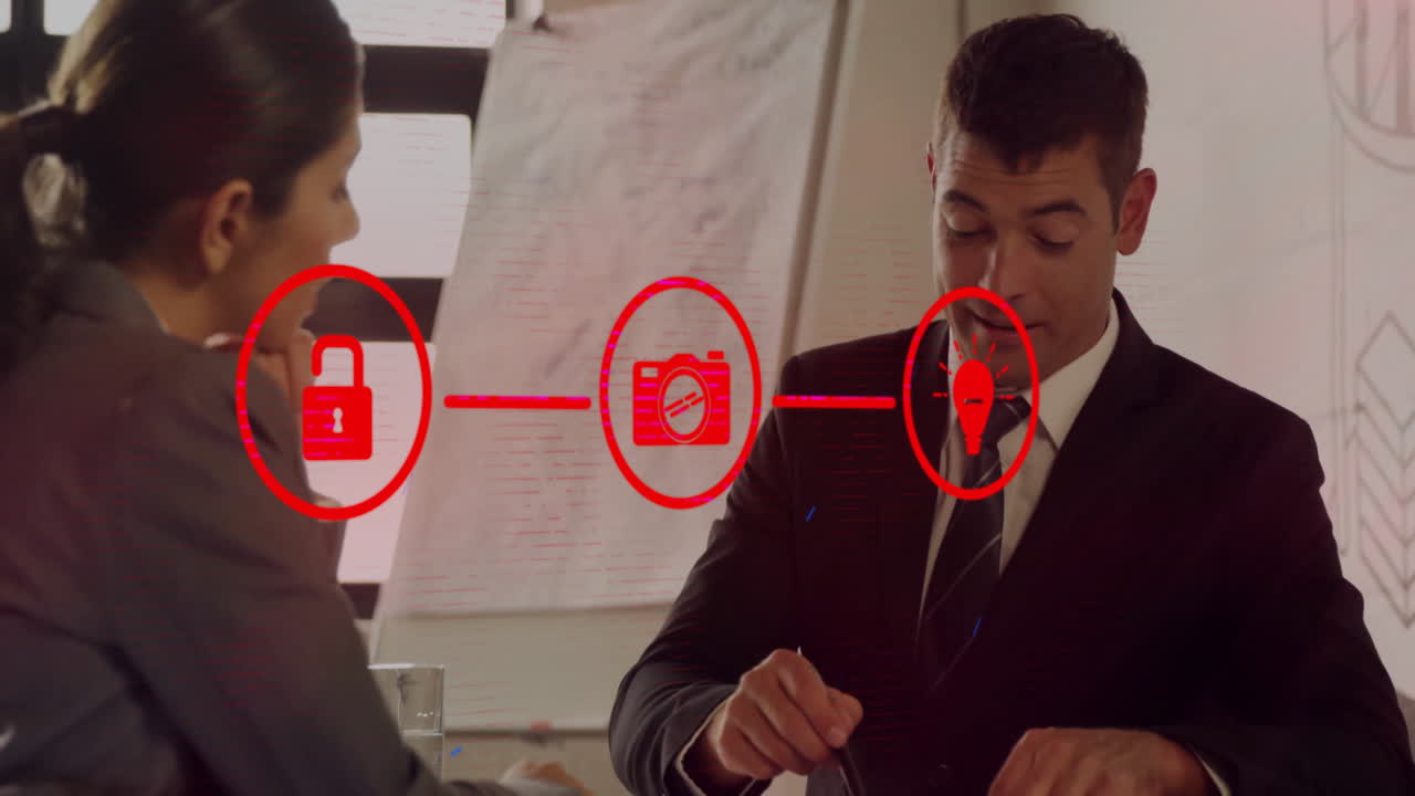 animación de la red de conexiones con iconos sobre colegas caucásicos en la reunión