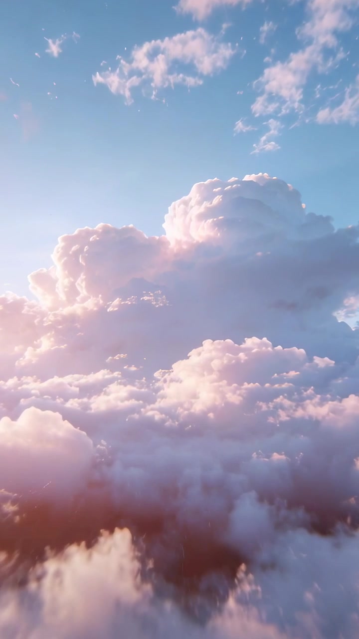 Video verticale: Telecamera scorrevole che rivela imponenti cumuli sopra la nebbia nel cielo, mostrando una luce rosa.