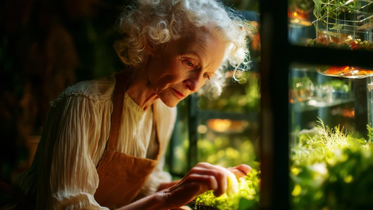 An elderly woman lovingly tending to her plant collection in a cozy greenhouse, showcasing her passion for gardening and nurturing life among vibrant greenery and flourishing plants
