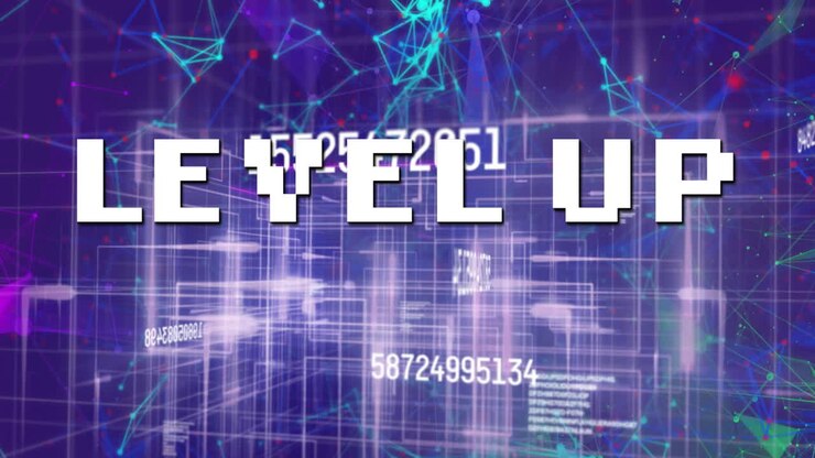 Level up text over multiple changing numbers and network of connections against purple background