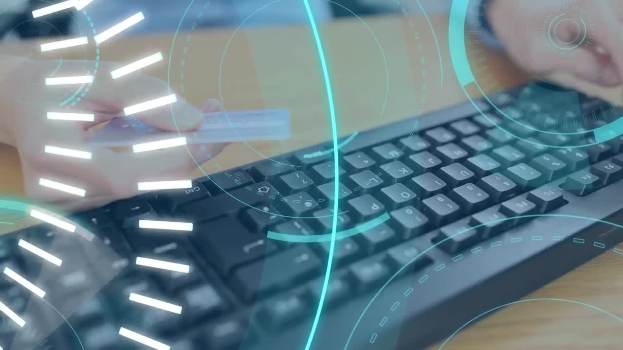 타이핑하는 동안 신용카드를 보는 남자와 미래의 서클을 가진 5g