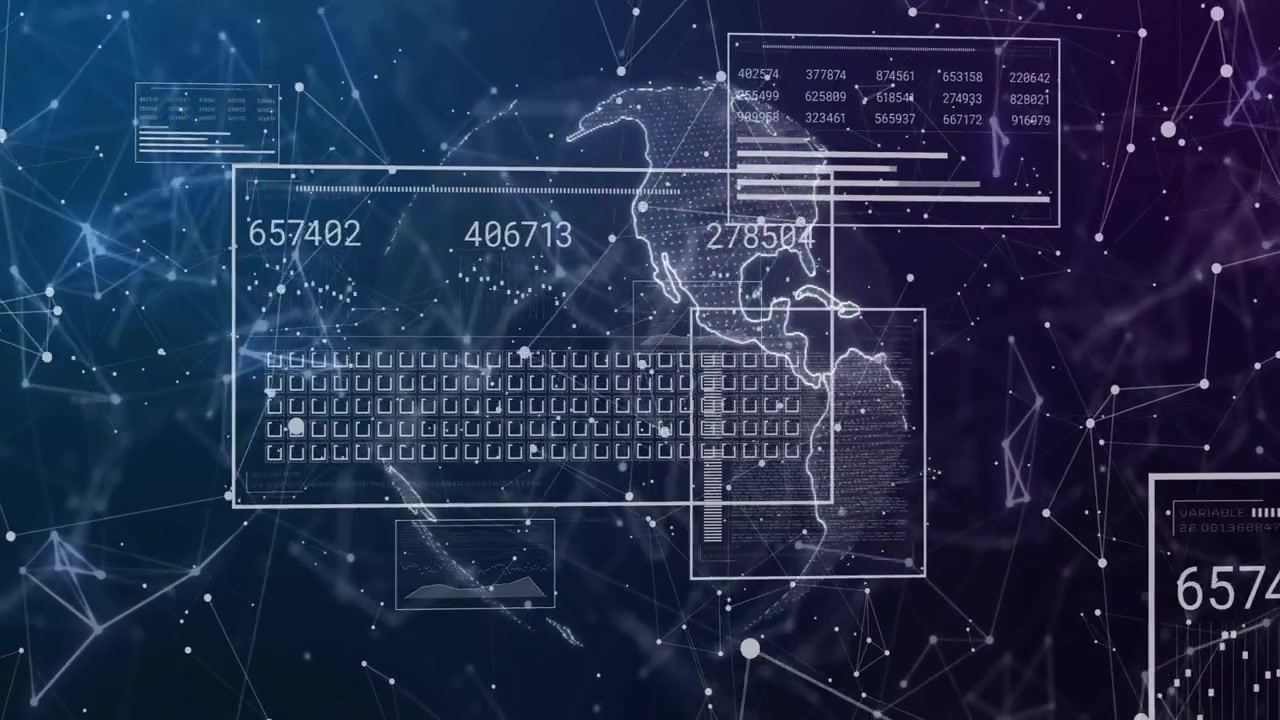 Nach leuchtenden Knotenpunkten, rotierender Globus enthüllt Kontinente und aktualisierende Panels zeigen globale Daten.