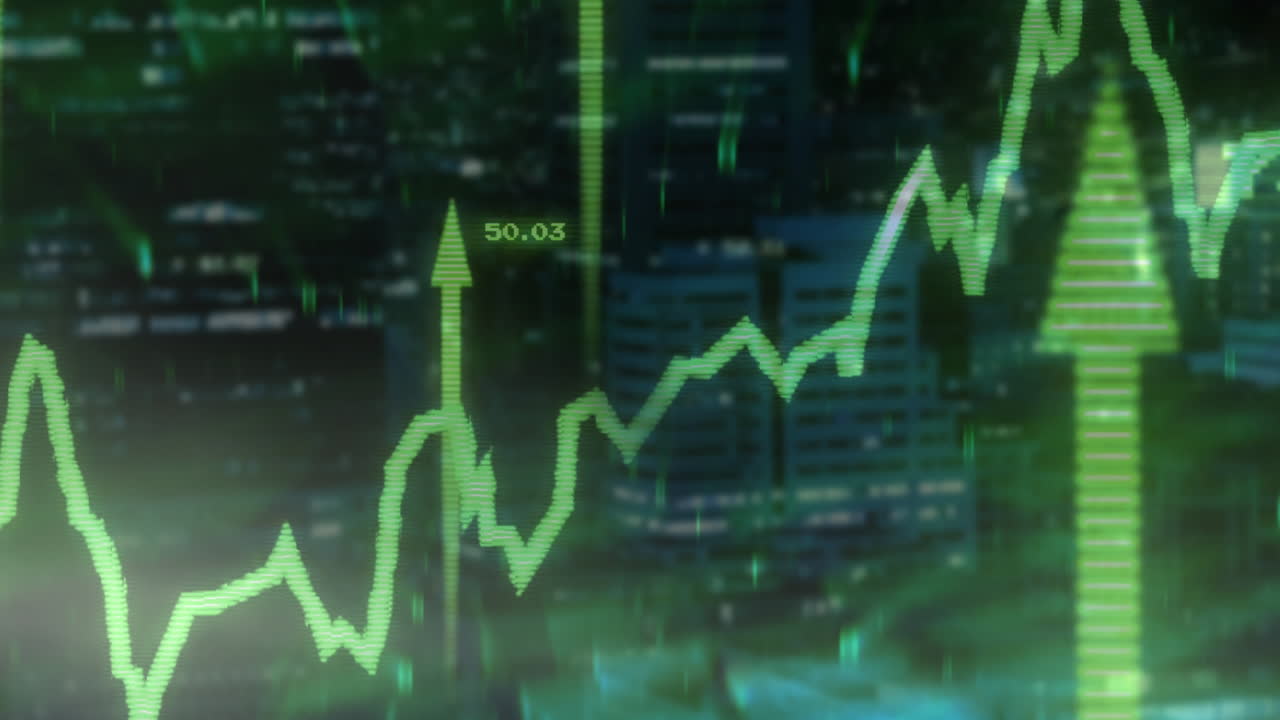 animación del procesamiento de datos financieros y flechas sobre el paisaje urbano