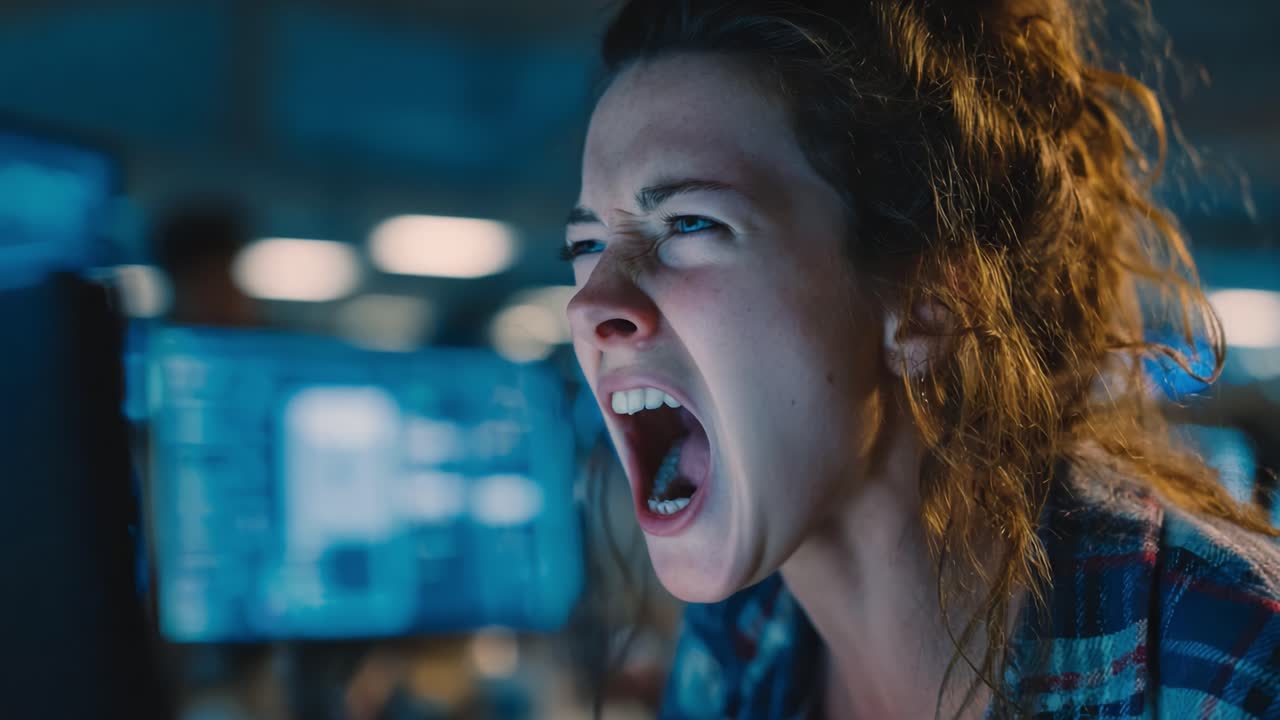 Intense Emotional Outburst: A Young Woman's Frustration Captured in Close-Up During a High-Stress Situation, Reflecting Deep Concentration and Struggles in the Digital World