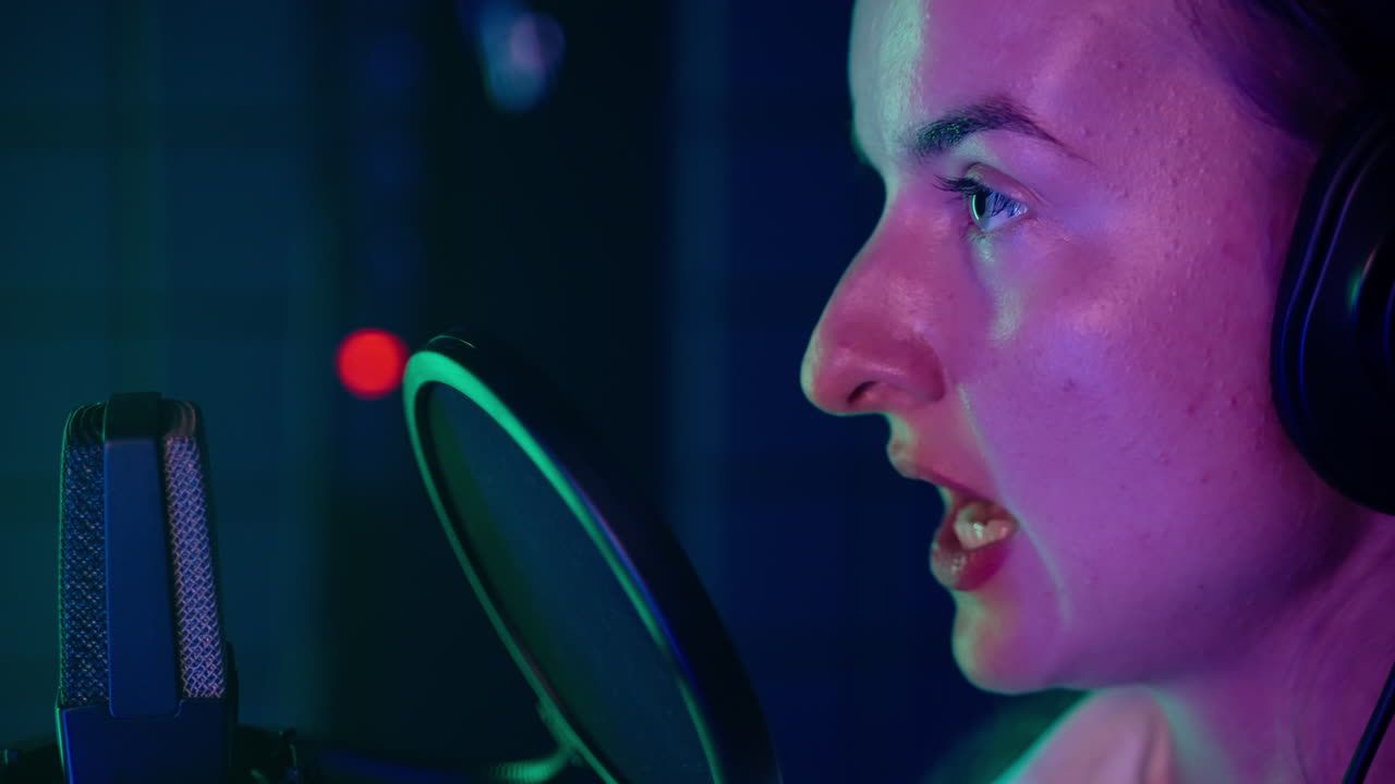 mujer grabando voces en un estudio