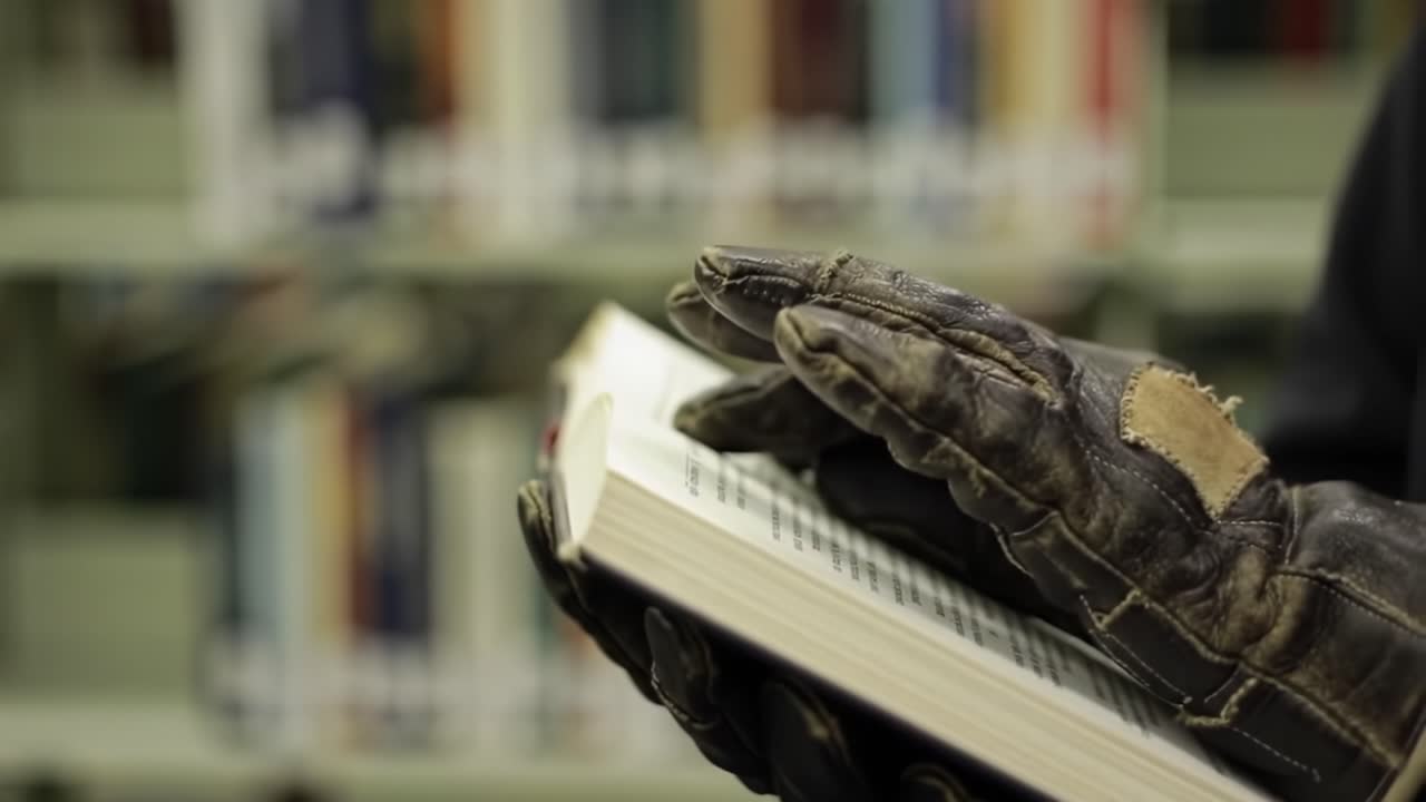 An Intimate Glimpse into the World of Literature: A Person's Hands, Dressed in Vintage Gloves, Gently Exploring the Pages of a Book in a Serene Library Setting