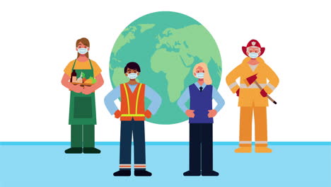 group of professionals workers and earth planet